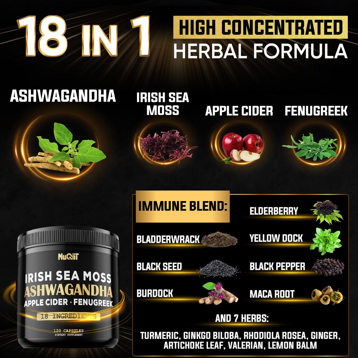 NUQIIT Organic Ashwangdha Capsules 15000mg Irish Sea Moss Apple Cider Vinegar & More - Support Brain Health, Strength & Immune System - 120 Vegan Capsules NUQIIT buy supplements Au