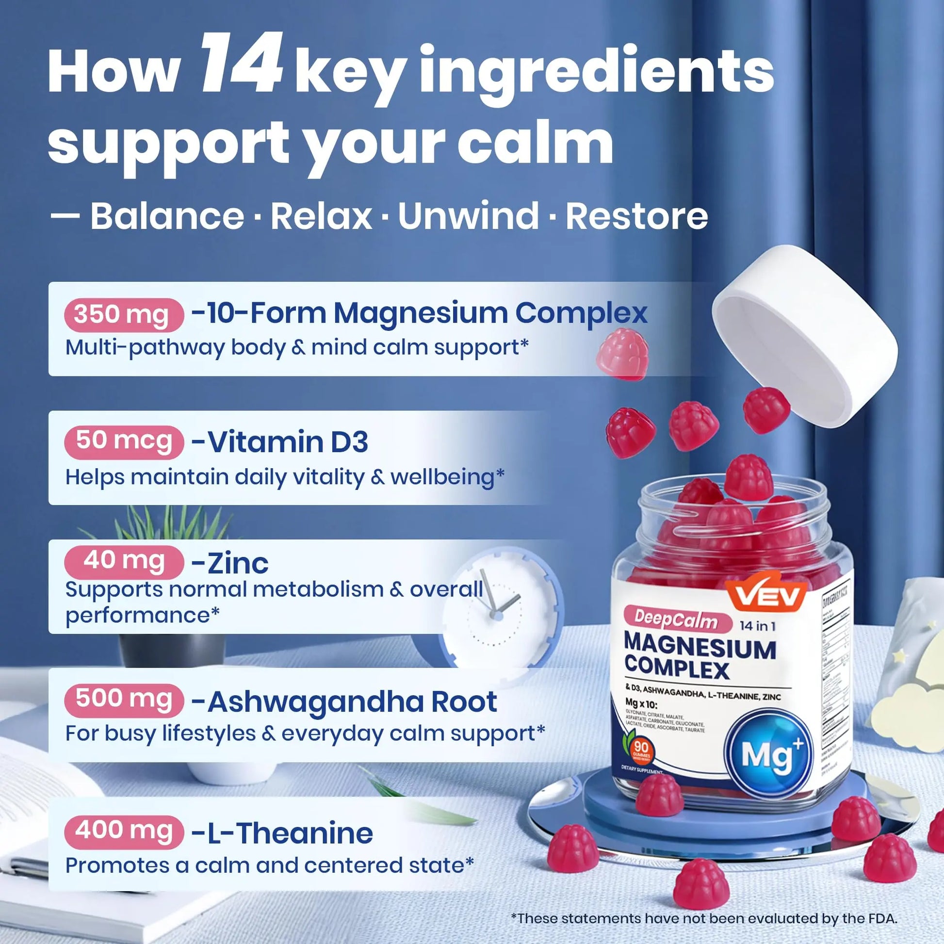 VEV Deep Calm Magnesium Complex 14-in-1 Gummies – 90 Count (Pack of 1) – with D3, Ashwagandha, L-theanine, Zinc – Magnesium Complex for Women and Men VEV canada supplements