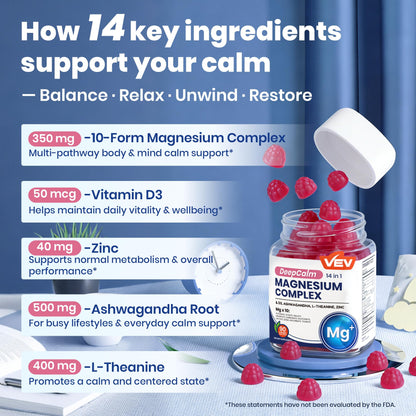 VEV Deep Calm Magnesium Complex 14-in-1 Gummies – 90 Count (Pack of 1) – with D3, Ashwagandha, L-theanine, Zinc – Magnesium Complex for Women and Men