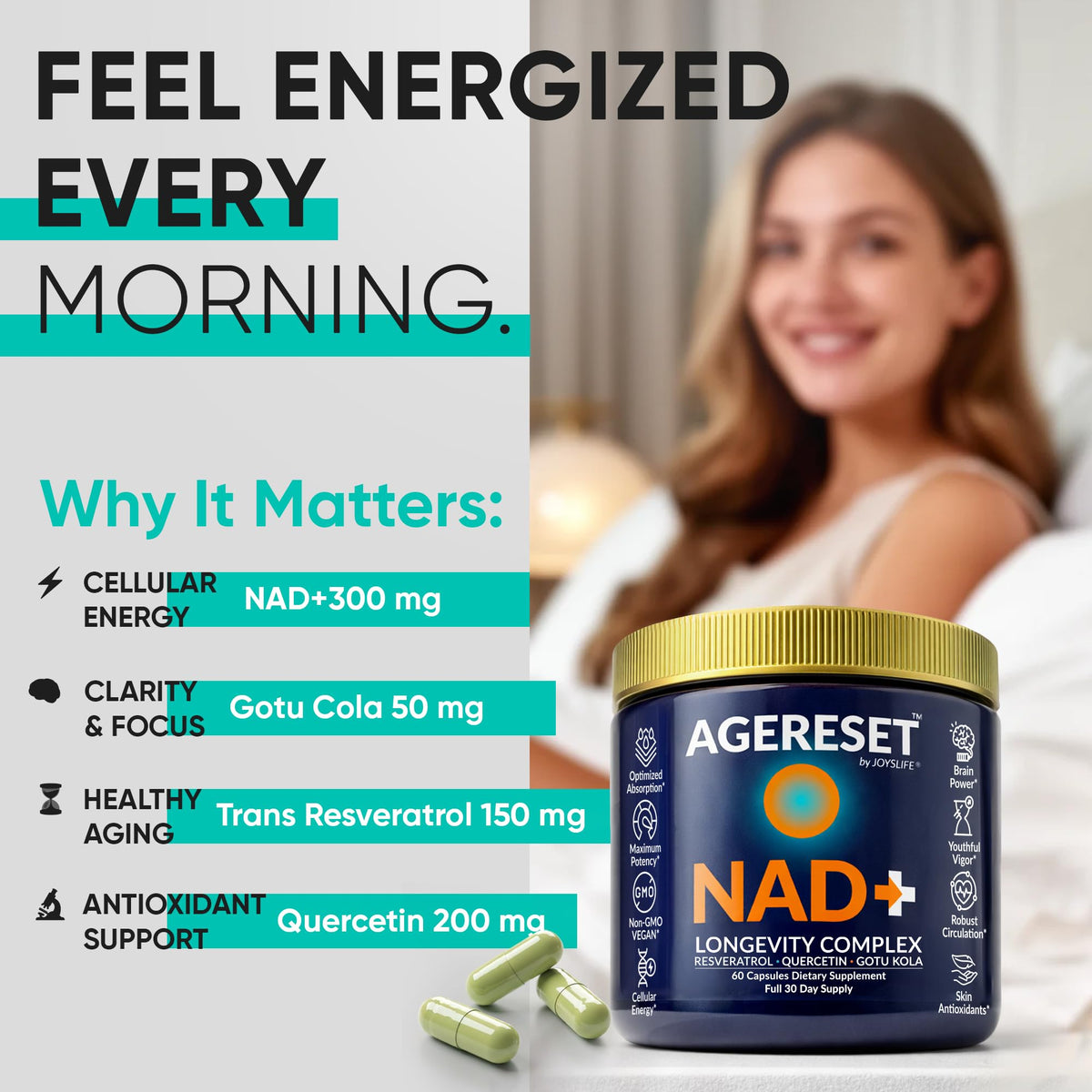JoysLife AGERESET NAD Supplement NMN Alternative Liposomal + Gotu Kola for Women & Men w/Resveratrol, Quercetin, Gotu Kola JoysLifeBuy Supplements Australia