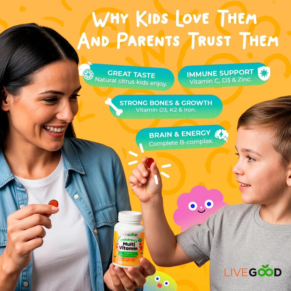 LIVEGOOD Organic Children’s Multivitamin Gummies, Kids Multivitamin, Vitamin D for Toddlers and Children, Organic Kids Chewable Vitamins for Immunity LIVEGOOD