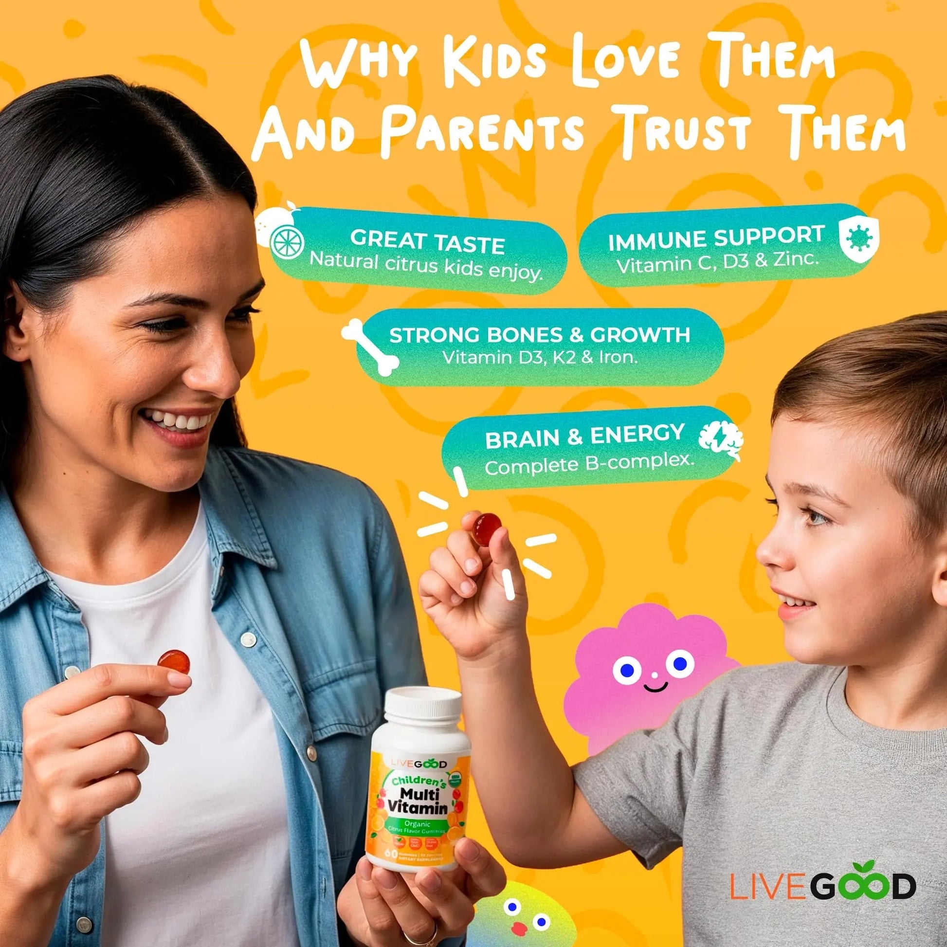 LIVEGOOD Organic Children’s Multivitamin Gummies, Kids Multivitamin, Vitamin D for Toddlers and Children, Organic Kids Chewable Vitamins for Immunity LIVEGOOD