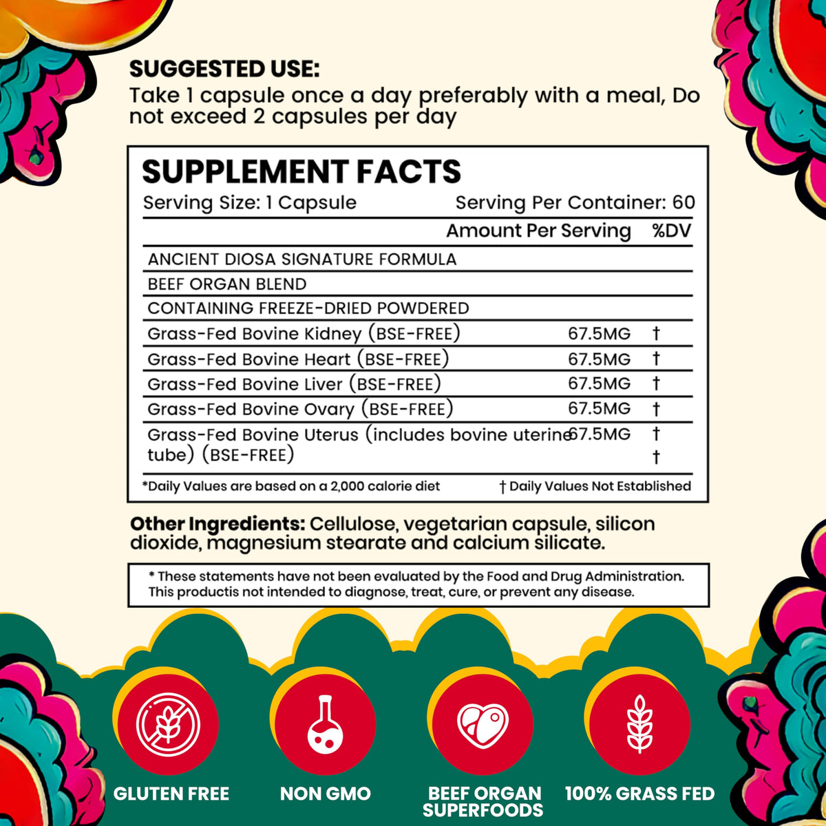 ANCIENT DIOSA Grass Fed Beef Liver Capsules - Female-Focused Organ Supplement with Liver, Heart, Ovary & Uterus - Supports Hormone Balance & Vitality, Whole Body Wellness - 60 Capsules ANCIENT DIOSABuy Supplements Australia