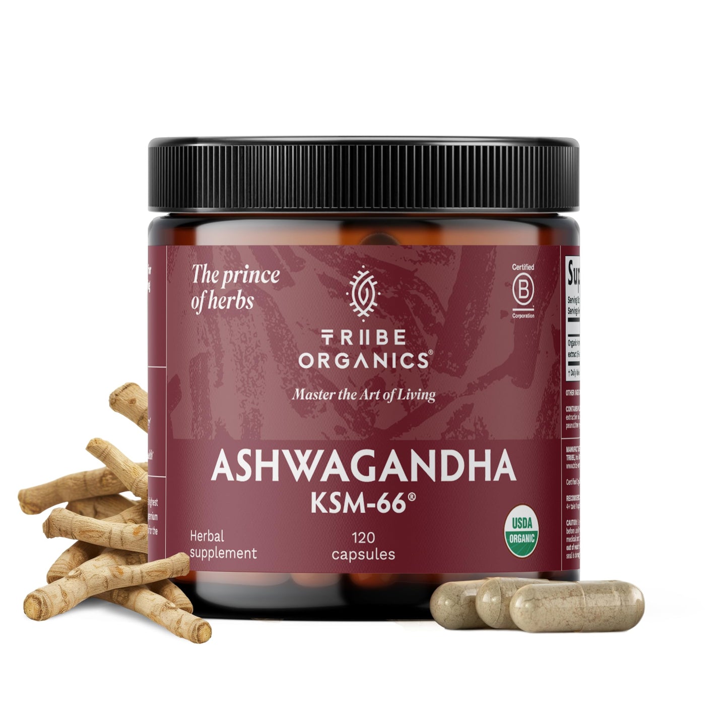 TRIBE ORGANICS Ashwagandha KSM 66 Pure Organic Root Powder Extract Ayurvedic Supplement - Focus, Mood Support, Increase Energy, Strength, 600mg of Natural KSM66 for Superior Absorption - 120 Capsules TRIBE ORGANICSBuy Supplements Australia