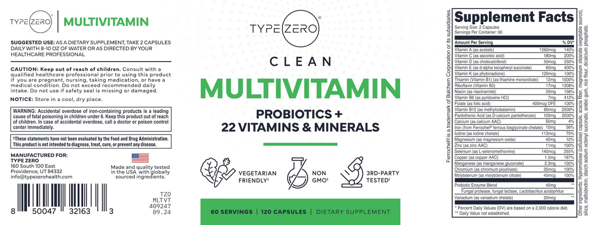 Type Zero Multivitamin Capsules (120 Capsules) (1300 mg) - with Probiotics + 22 Vitamins and Minerals, GMO-Free Type ZeroBuy Supplements Australia