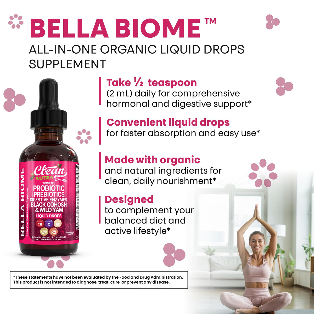 Liquid Probiotics for Women Drops with Chasteberry, Black Cohosh, Prebiotics, Digestive Enzymes, Evening Primrose Oil, Wild Yam, Cranberry Dmannose and Iron Vitamin D3 K2 Clean Nutra Bella Biotics Clean NutraceuticalsBuy Supplements Australia