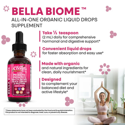 Liquid Probiotics for Women Drops with Chasteberry, Black Cohosh, Prebiotics, Digestive Enzymes, Evening Primrose Oil, Wild Yam, Cranberry Dmannose and Iron Vitamin D3 K2 Clean Nutra Bella Biotics Clean NutraceuticalsBuy Supplements Australia
