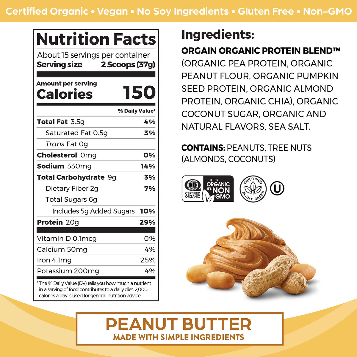 Orgain Organic Simple Vegan Protein Powder, Peanut Butter - 20g Plant Based Protein OrgainBuy Supplements Australia