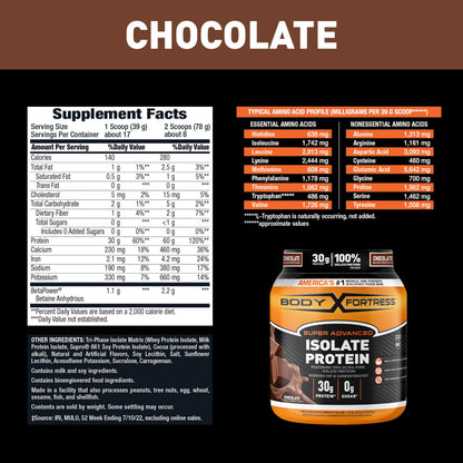 Body Fortress Super Advanced Isolate Protein, Chocolate Protein Powder Supplement Body FortressBuy Supplements Australia
