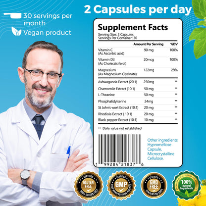 10-in-1 Cortisol Supplements with Magnesium, Ashwagandha, Chamomile, L-Theanine, St. John's Wort, Rhodiola, 60 Capsules, Cortisol Supplements For Women -& Men, Cortisol Reducer, High cortisol WelldietBuy Supplements Australia