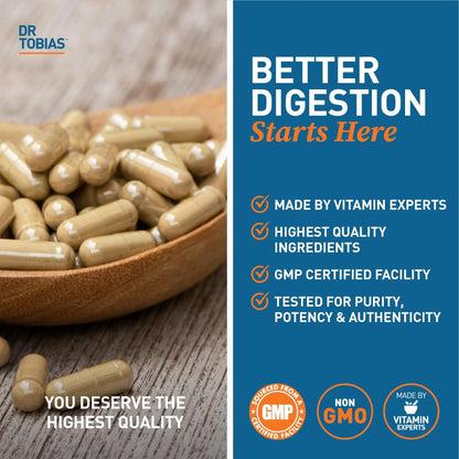Dr. Tobias Digestive Enzymes with Probiotics, Prebiotics and Postbiotics Bromelain, Amylase, Lipase, for Better Digestion & Immune Function, 60 Capsules, 30 Servings (2 Daily) Dr. TobiasBuy Supplements Australia