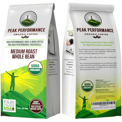Peak Performance High Altitude Organic Coffee - Fair Trade, Low Acid, Non GMO, and Beans Full of Antioxidants - Medium Roast Smooth Tasting USDA Certified Organic Whole Bean Coffee Bag 12 oz Peak PerformanceBuy Supplements Australia