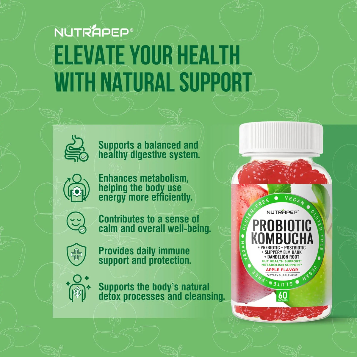 NutraPep Probiotic Kombucha Gummies - Women Men Probiotic Prebiotic Probiotic Blend for Gut Health Bloating Metabolism Support with Slippery Elm Bark Dandelion Root - Vegan Gluten Free Apple Flavor NutraPepBuy Supplements Australia
