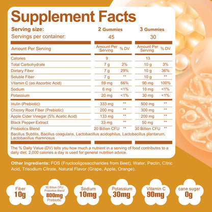 Migcopat 10G Fiber Gummies for Adults - Support Digestive Health - Fiber Supplement with 30 Billion CFU Probiotics Blend, ACV, Vitamin C, Inulin - No Sugar Added - Fruit Flavored - 180 Count