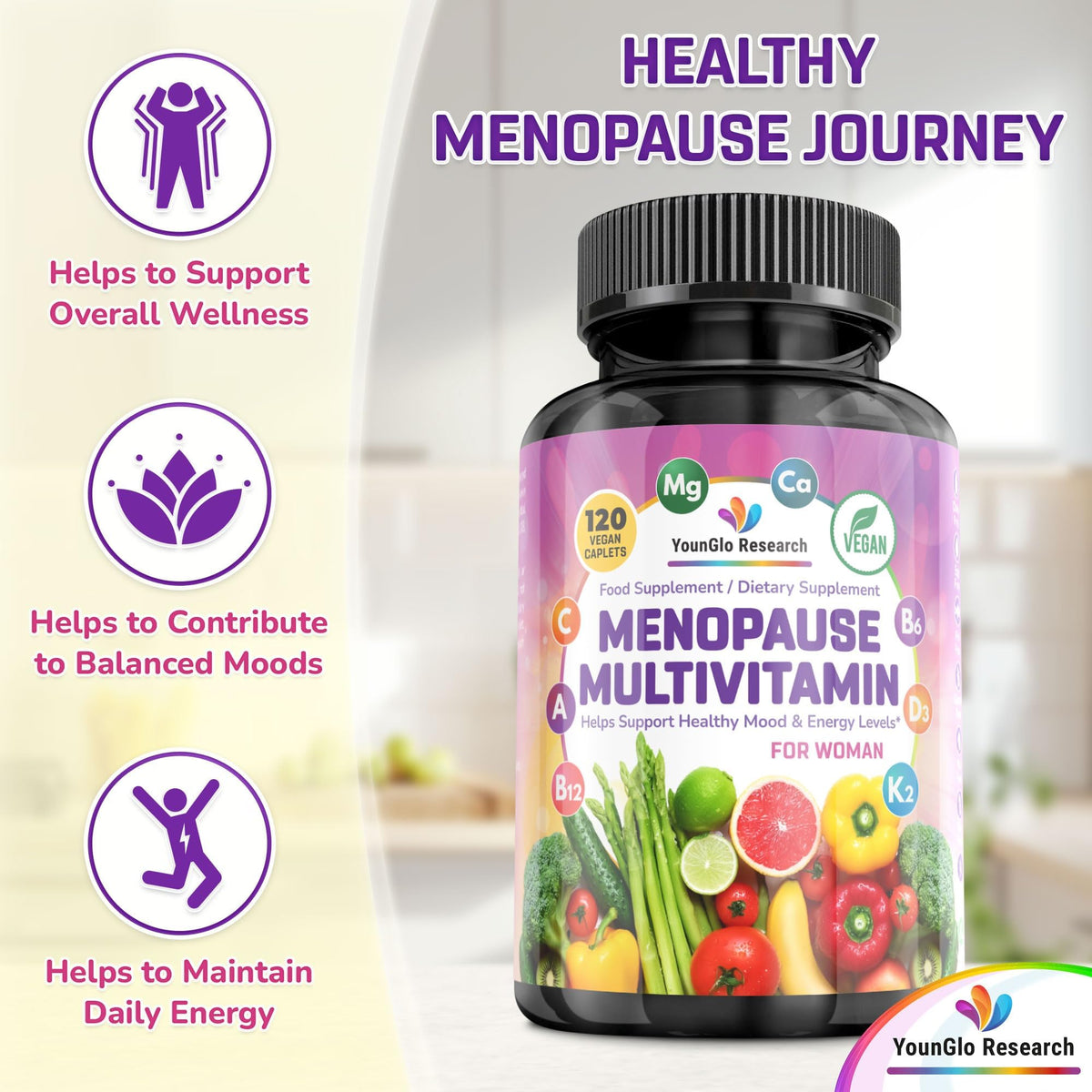 YounGlo Research Menopause Supplement - 120 Vegan Caplets - Menopause & Perimenopause Relief Support - Food and Dietary Vitamins - Multivitamin for Women YounGlo ResearchBuy Supplements Australia