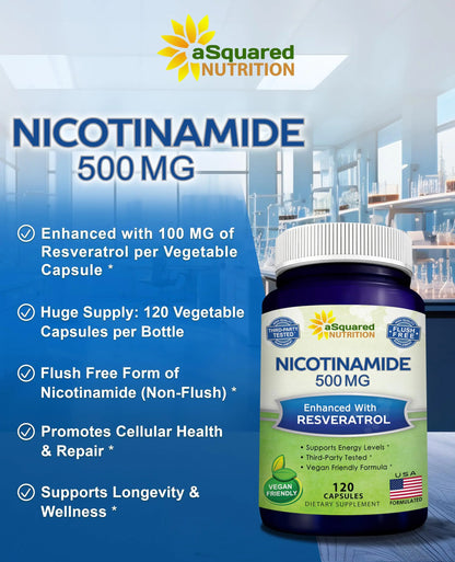 aSquared Nutrition Nicotinamide with Resveratrol - 120 Veggie Capsules - Vitamin B3 500mg (Niacinamide Flush Free) - Supplement Pills to Support NAD, Skin Cell Health & Energy aSquared NutritionBuy Supplements Australia