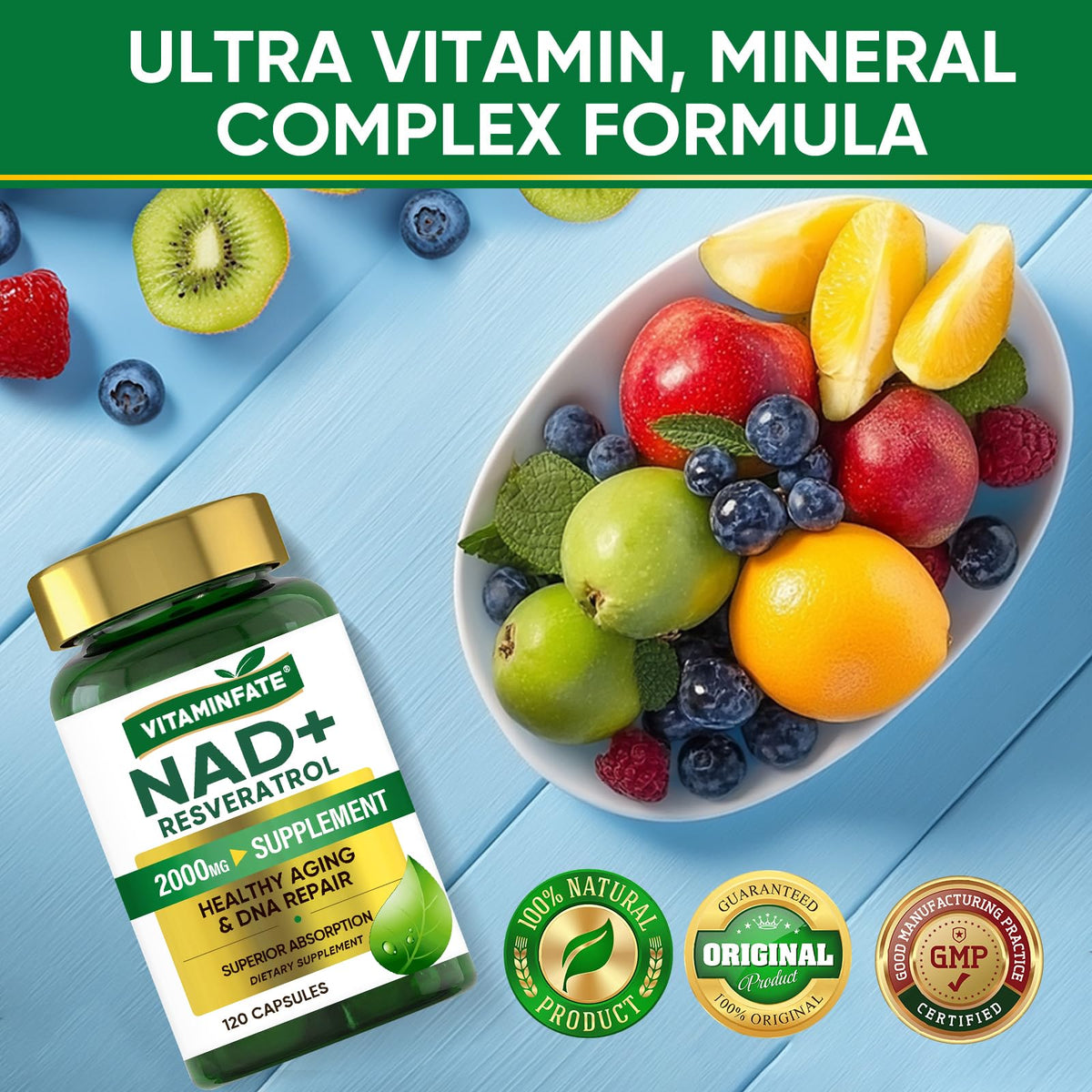 VITAMINFATE NAD+ Supplement 2000 mg - 120 Capsules True NAD+ & Resveratrol, NMN Alternative Supports Anti-Aging, Cellular Energy & Repair, Metabolism & Brain Boost for Men & Women VITAMINFATEBuy Supplements Australia