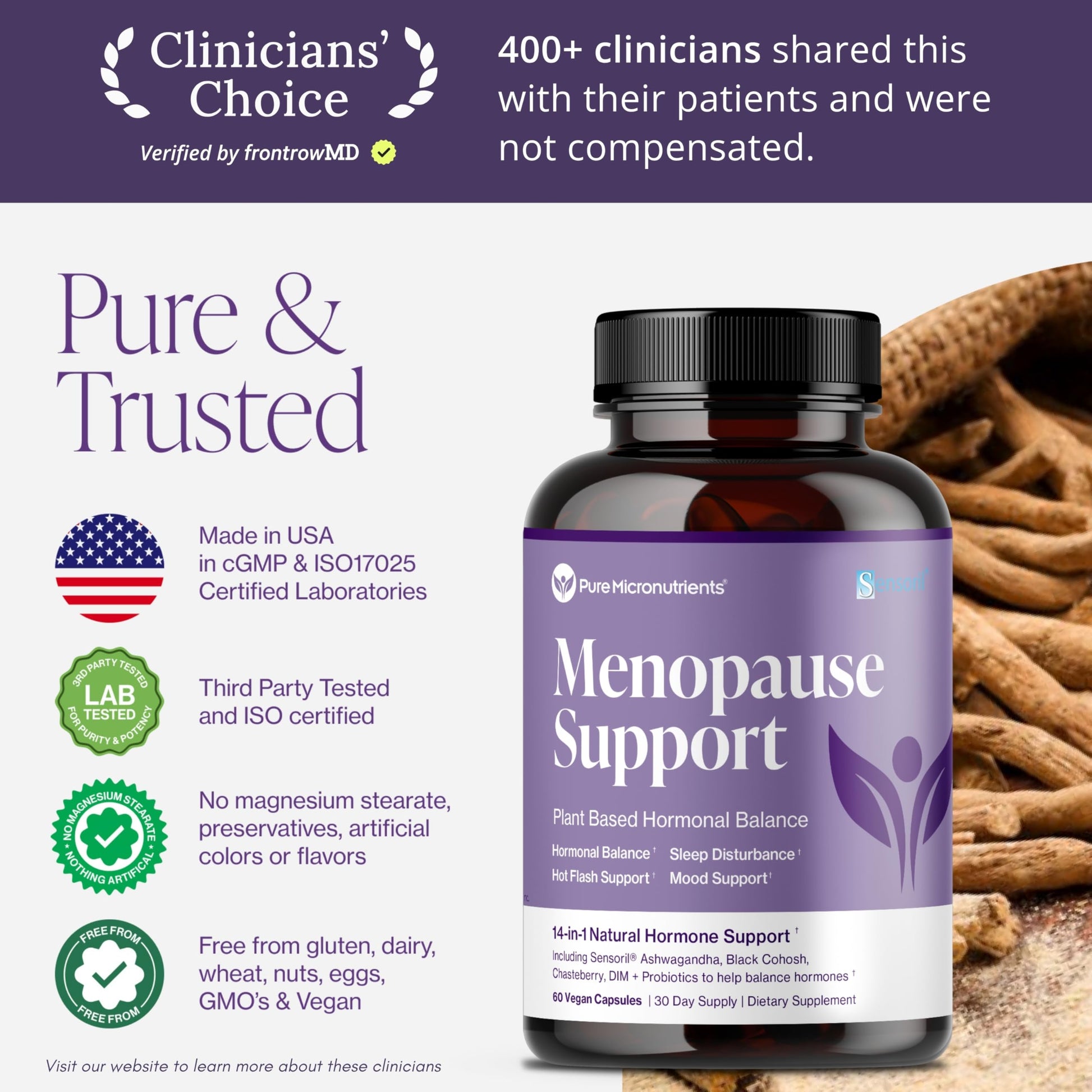 Menopause Supplements for Women - Natural Hormone Balance - Hot Flashes, Night Sweats, Sleep & Mood Support. with Sensoril® Ashwagandha, DIM, Chaste Berry & Black Cohosh Root - 60 Count Pure MicronutrientsBuy Supplements Australia
