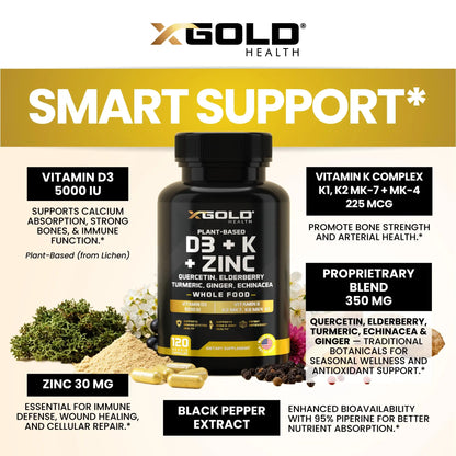 Vitamin D, K2, K1, Zinc, Quercetin, Elderberry, Turmeric, Ginger & Echinacea Whole Food Supplement 8 in 1- D3 5000 IU Plant-Based from Lichen, Vitamin K (K2 MK7, MK4, K1) X Gold Health canada supplements