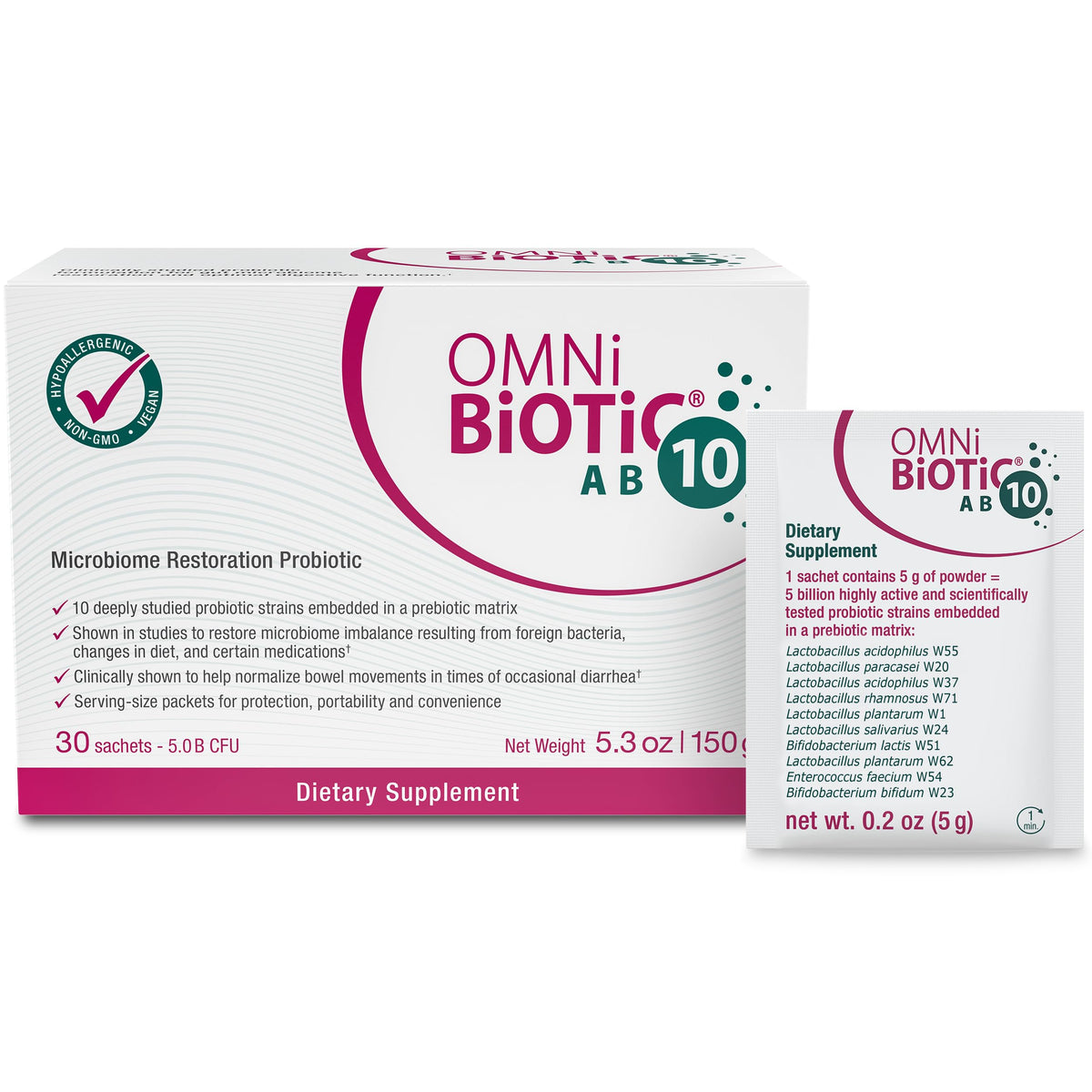 OMNi BiOTiC AB 10 - Clinically Tested Restorative Probiotic - Supports & Restores Gut Flora & Digestion - Digestive Probiotic for Diarrhea - Vegan, Hypoallergenic, Non-GMO (30 Daily Packets) OMNi BiOTiCBuy Supplements Australia
