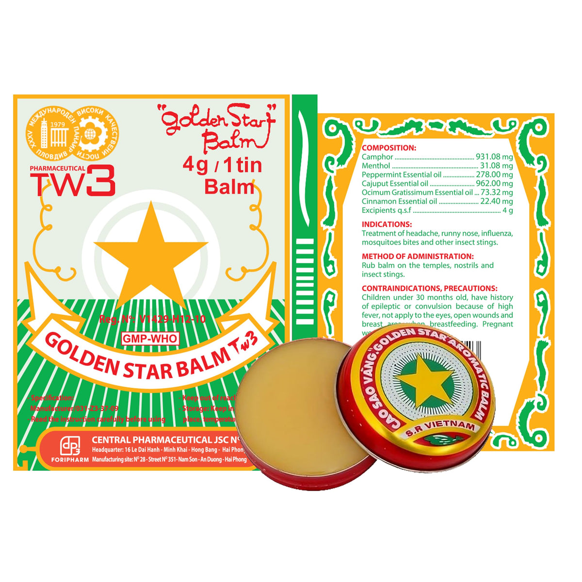 Golden Star Aromatic Balm (Pack of 8) - Authentic Vietnamese Cao Sao Vang - Support Fast Relief for Headaches, Muscle Pain, Colds, & Insect Bites - Natural Essential Oils - Travel Size 4g Tins Pharmaceutical TW3Buy Supplements Australia