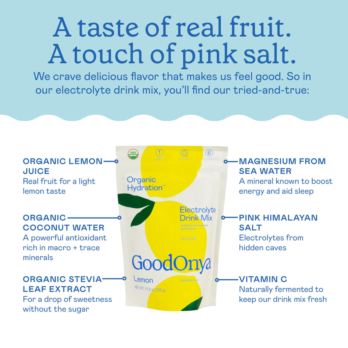 GOODONYA Organic Hydration Electrolyte Drink Mix, Certified Organic Hydration Powder, Non-GMO, Biochecked Glyphosate Free, Low Sugar, Lemonade Flavor,