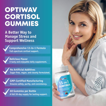 Optiwav Cortisol Reducer Gummies for Women Men - 13-in-1 Daily Cortisol Detox Manager Supports Stress Mood Balance Focus & Health Balance - Reduce High Cortisol with Ashwagandha Magnesium L-Theanine OptiwavBuy Supplements Australia