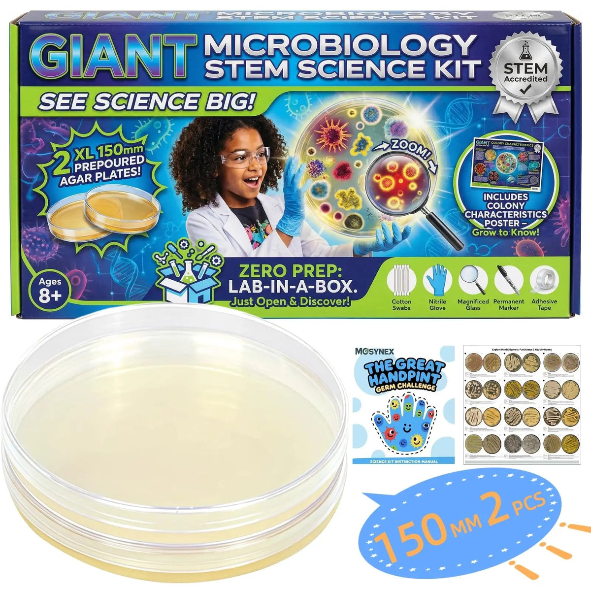 Giant Microbiology Bacteria Science Kit for Kids:2 XL 150mm Prepoured Nutrient Agar Plates, Petri Dishes with Agar & Colony Characteristics Poster for School Projects & Educational Gifts MosynexBuy Supplements Australia