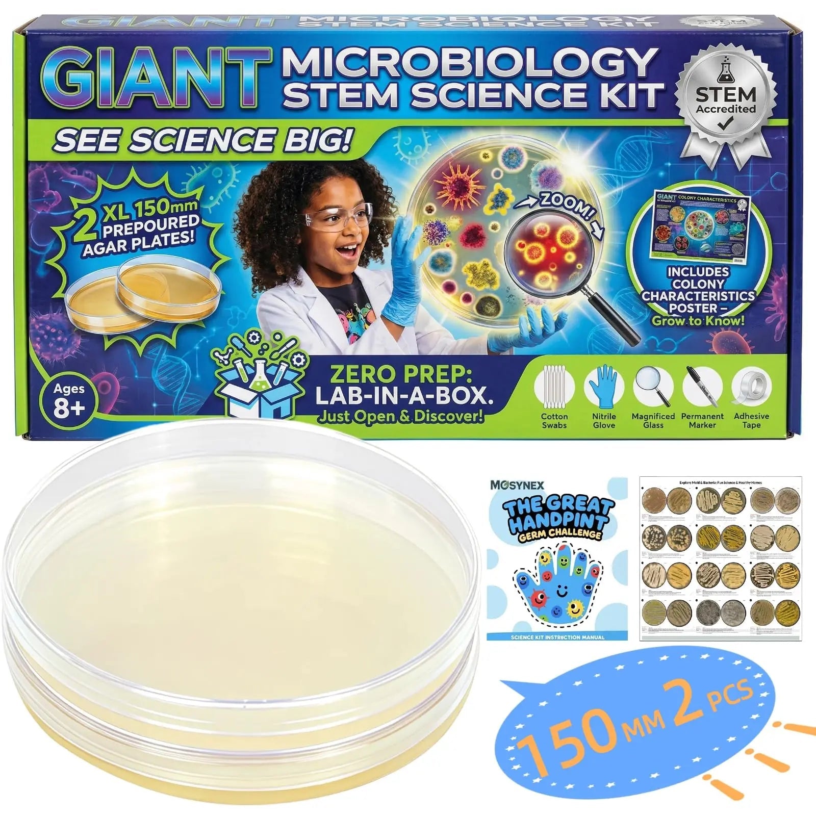 Giant Microbiology Bacteria Science Kit for Kids:2 XL 150mm Prepoured Nutrient Agar Plates, Petri Dishes with Agar & Colony Characteristics Poster for School Projects & Educational Gifts MosynexBuy Supplements Australia