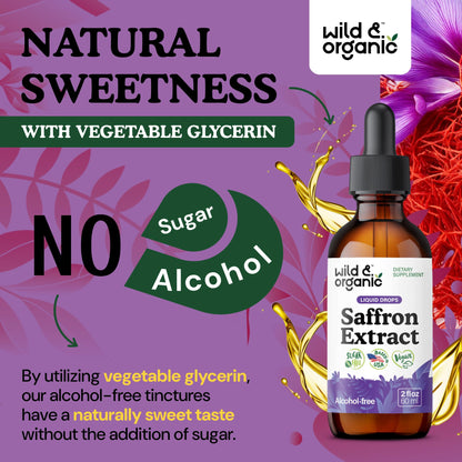 Wild & Organic Saffron Supplements 88.5 mg - Mood, Brain & Vision Support - Liquid Saffron Drops - Add to Tea - Crocus Sativus Herb Extract - Vegan, Sugar & Alcohol-Free Tincture - 2 fl oz Wild & Organic buy supplements Au