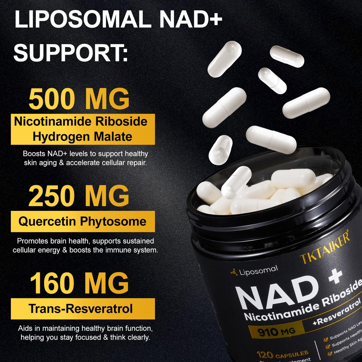 TKTALKER NAD Supplement, 910MG Liposomal Nicotinamide Riboside with Resveratrol & Quercetin, Anti-Aging, Cellular Energy, Mental Focus & Stamina & Healthy, Women & Men, 120 Capsules TKTALKERBuy Supplements Australia