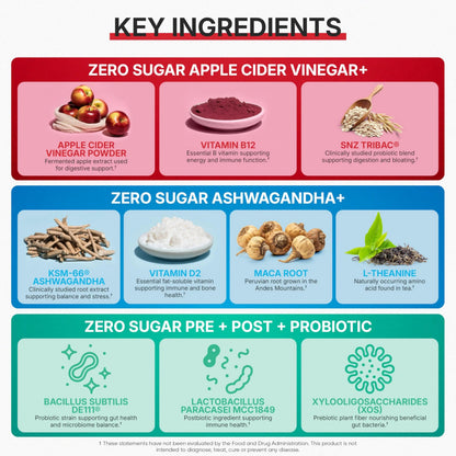 Goli Zero Sugar 6 Pack Bundle - World's First 3-in-1 Pre, Post, Probiotic, Apple Cider Vinegar with Vitamin B12 and Probiotics to Address Bloating, Ashwagandha & L-Theanine, Vitamin D Gummies Goli buy supplements Au