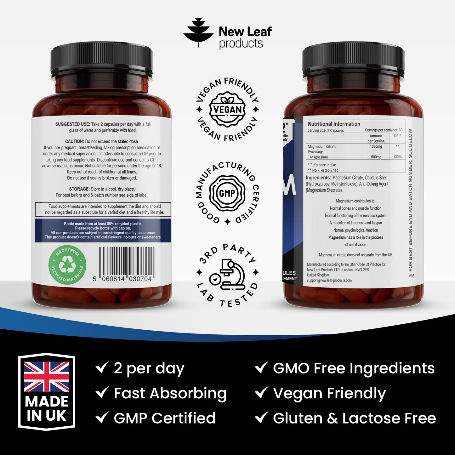Magnesium Supplements 1620mg - Super Strength - Magnesium Citrate Capsules NEW LEAF PRODUCTSBuy Supplements Australia