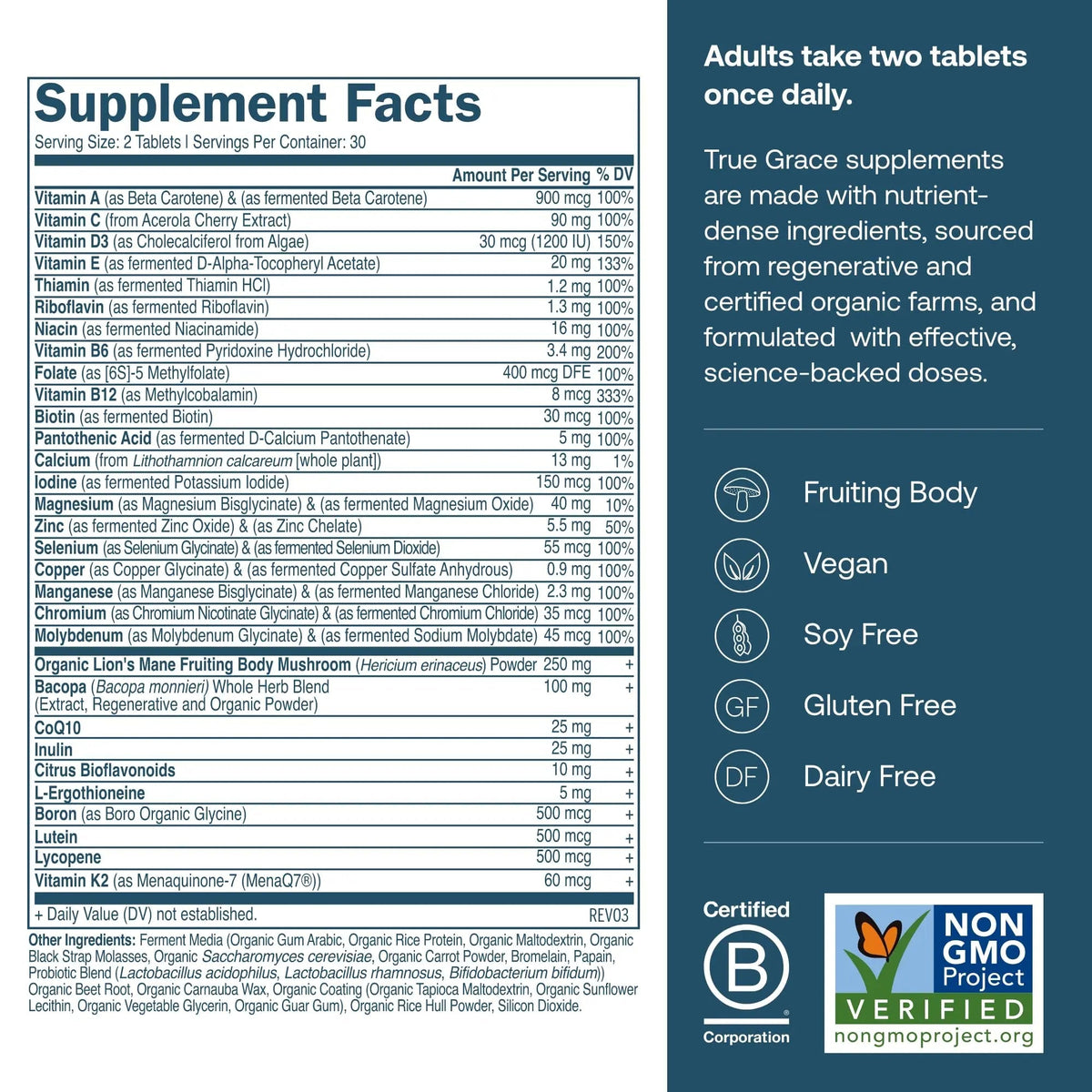 True Grace Daily Men’s Multivitamin 50+ - 60 Easy-to-Swallow Tablets - Immune, Energy, Longevity & Memory Support True Grace