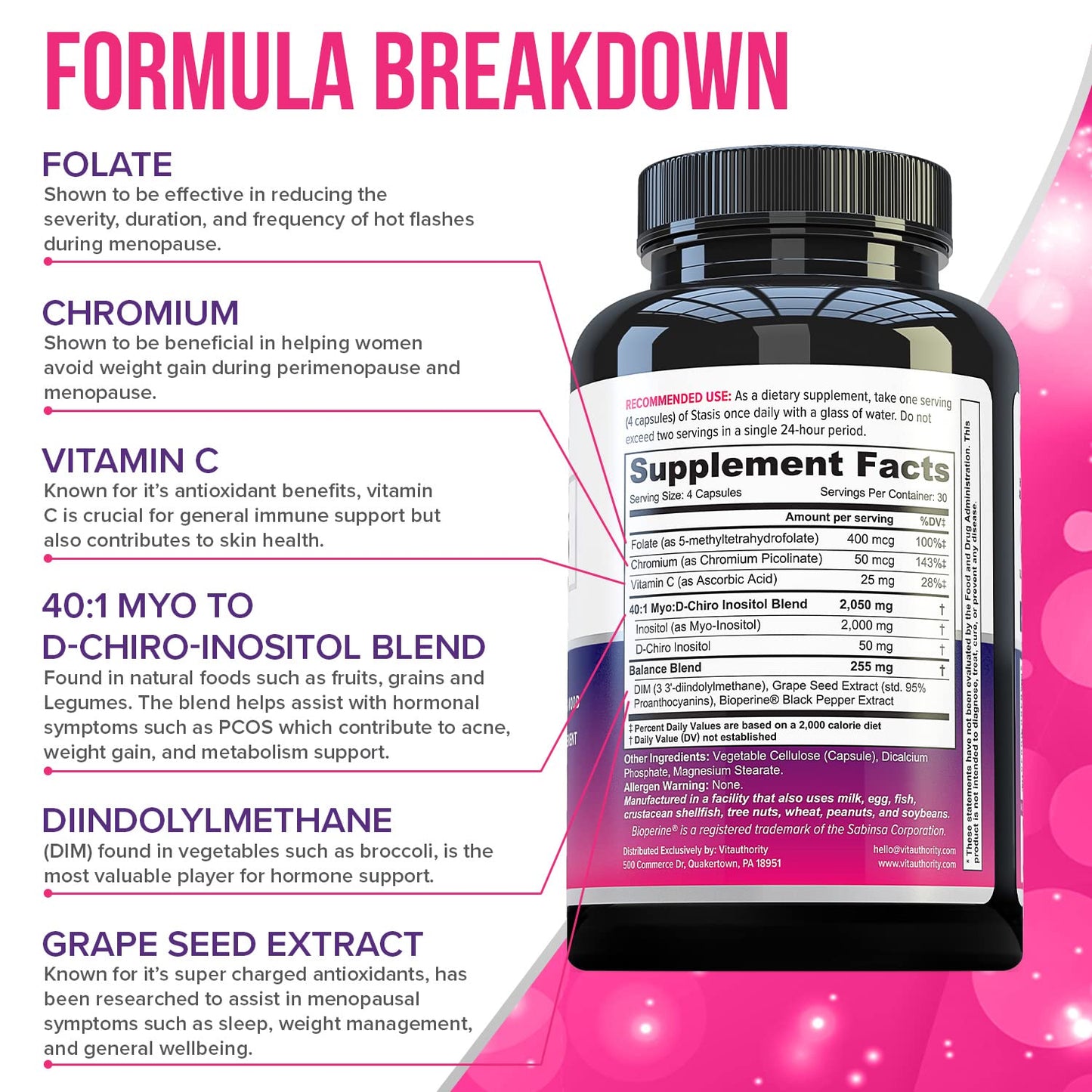 Myo-Inositol D-Chiro Women's Hormone Balance Supplement - 40:1 Myo-Inositol & D-ChiroInositol Blend with DIM for Hormone Balance for Women - Health Vitamins for Skin, Energy, & Cycle Support (1 Month) VitauthorityBuy Supplements Australia