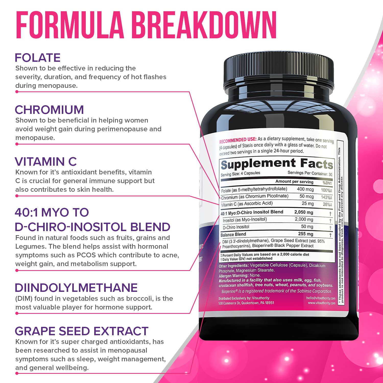 Myo-Inositol D-Chiro Women's Hormone Balance Supplement - 40:1 Myo-Inositol & D-ChiroInositol Blend with DIM for Hormone Balance for Women - Health Vitamins for Skin, Energy, & Cycle Support (1 Month) VitauthorityBuy Supplements Australia