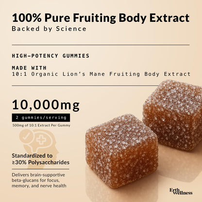 Erth Wellness Lion’s Mane Mushroom Gummies – 10,000mg Fruiting Body Extract per Serving – Brain & Focus Support – Daily Nootropic – Vegan, Low Sugar, Non-GMO – 60 Ct Erth WellnessBuy Supplements Australia
