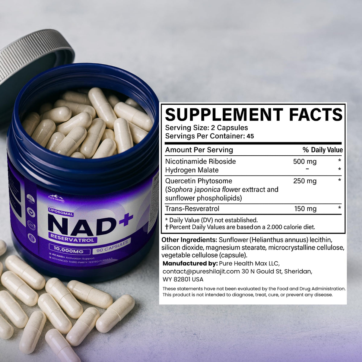 PURE HEALTH MAX PHM NAD Resveratrol Supplement - 10,000MG Extra Strength | NAD+ Liposomal Supplements for Men and Women | NMN & NMNH Alternative | 90 Capsules, 1.5 Months Supply PURE HEALTH MAXBuy Supplements Australia
