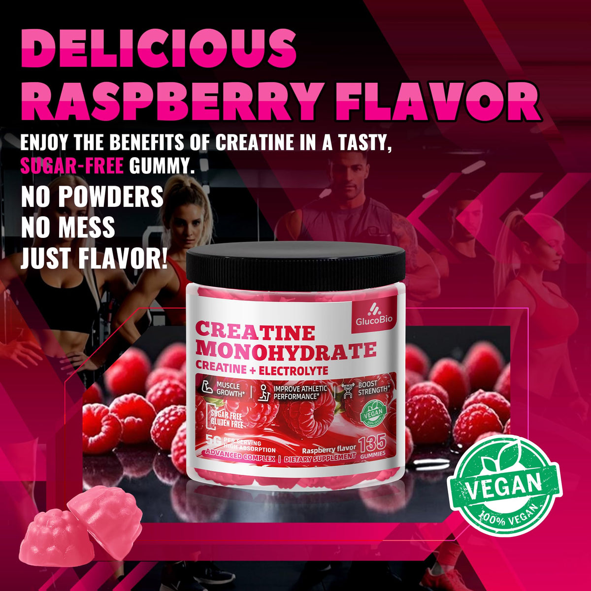 GlucoBio Creatine Monohydrate Gummies (5g) – Pre-Workout Energy & Muscle Growth Support for Men & Women