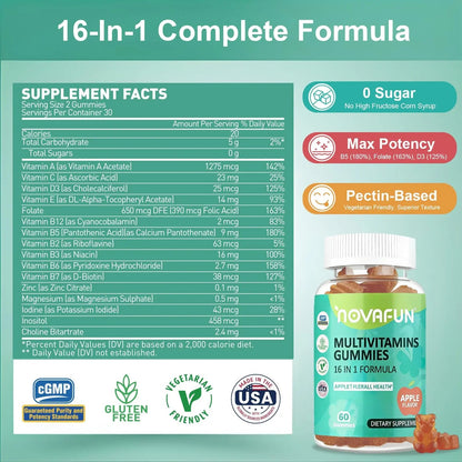 Novafun Multivitamin Gummies,16-in-1 Multi Vitamin Supplements for Women, Men & Kids, Essential Vitamins & Minerals Novafun