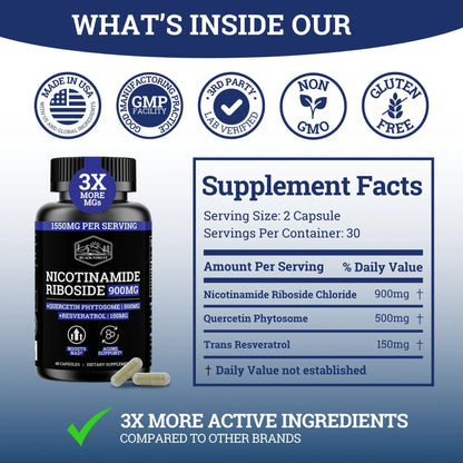 Black Forest NAD Nicotinamide Riboside 900 mg (Liposomal Nicotinamide Riboside 900mg Resveratrol, Quercetin 500mg & 150mg of NAD Resveratrol Supplement) 1550 MGS NR Supplement 900mg NAD+ Black ForestBuy Supplements Australia
