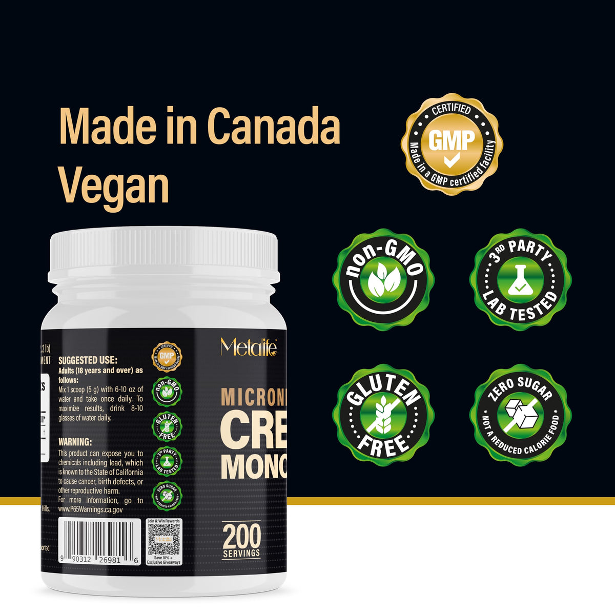 METALIFE 100% Pure Creatine Monohydrate Powder, Canada-Made, 1000 g (200 Servings) Micronized Powder, Muscle Growth, Unflavored, Ideal for Athletes & Fitness Enthusiasts, Third party lab tested, Vegan METALIFEBuy Supplements Australia