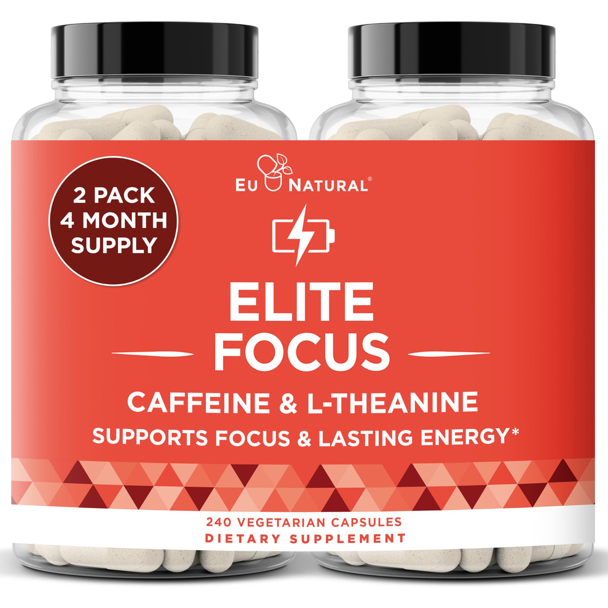 Eu Natural Elite Caffeine Pills with L-Theanine - 100mg Caffeine + 200mg L-Theanine - Jitter-Free Focused Energy & Clean Nootropic Stack - 240 Soft Capsules Eu NaturalBuy Supplements Australia