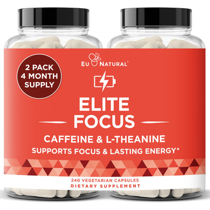 Eu Natural Elite Caffeine Pills with L-Theanine - 100mg Caffeine + 200mg L-Theanine - Jitter-Free Focused Energy & Clean Nootropic Stack - 240 Soft Capsules Eu NaturalBuy Supplements Australia