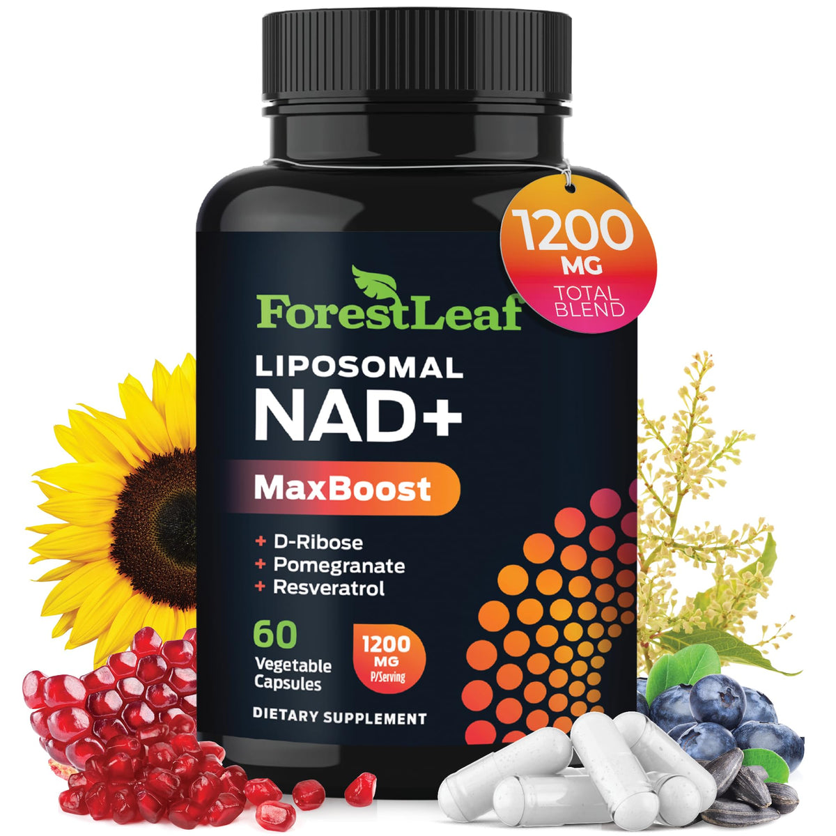 Forest Leaf Liposomal NAD+ supplement bottle with sunflower, pomegranate, and blueberry graphics on a white background