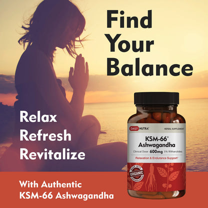 DailyNutra KSM-66 Ashwagandha 600mg Organic Root Extract - High Potency Supplement with 5% Withanolides | Relieves Tiredness, Supports Relaxation, Focus, Energy, & Muscle Growth (90 Capsules) DailyNutraBuy Supplements Australia
