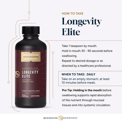 Quicksilver Scientific Longevity Elite - Liposomal Adaptogen + Pregnenolone Tonic - Herbal Supplements Designed for Age Optimization Support While Targeting AMPK, Sirtuins + Telomeres (100ml) Quicksilver ScientificBuy Supplements Australia
