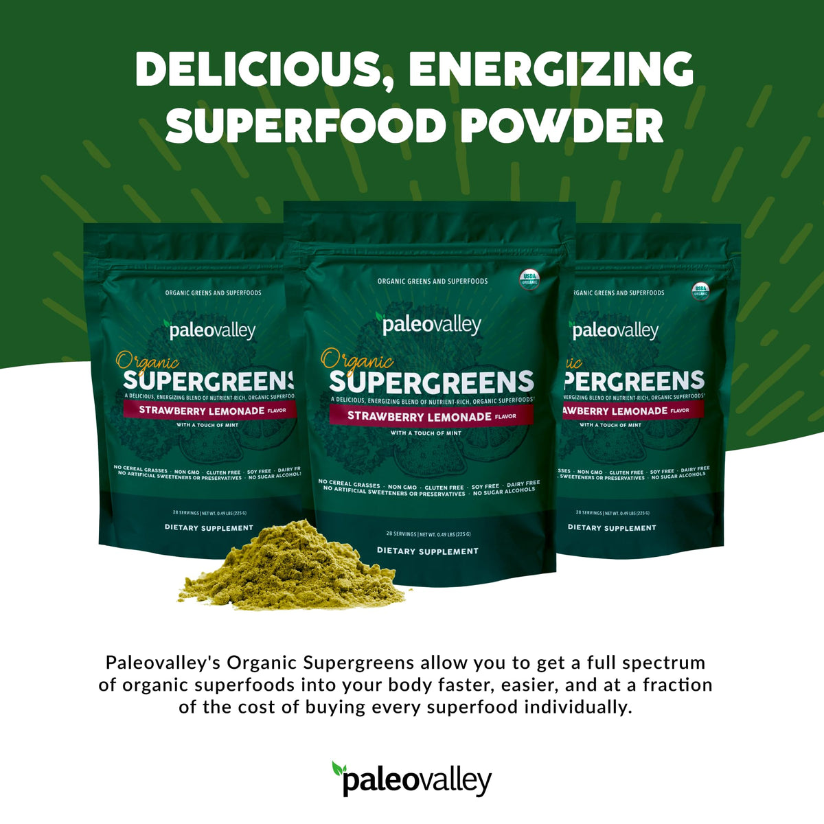 Paleovalley Organic Supergreens - Organic Greens Powder Superfood for Immune Support - Paleo Green Powder Blend - 28 Servings - 23 Superfoods - Gluten Free, No Cereal Grasses, Soy or Grain PaleovalleyBuy Supplements Australia