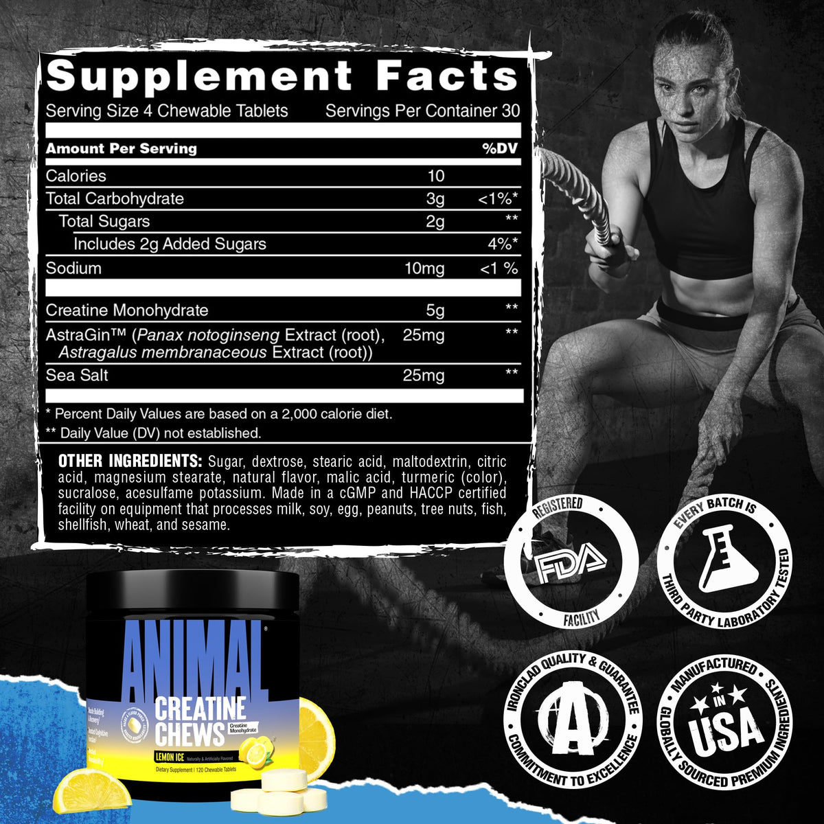 Animal Creatine Chews Tablets - Enhanced Creatine Monohydrate with AstraGin to Improve Absorption, Sea Salt for Added Pumps, Delicious and Convenient Chewable Tablets - Lemon Ice AnimalBuy Supplements Australia