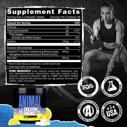 Animal Creatine Chews Tablets - Enhanced Creatine Monohydrate with AstraGin to Improve Absorption, Sea Salt for Added Pumps, Delicious and Convenient Chewable Tablets - Lemon Ice AnimalBuy Supplements Australia